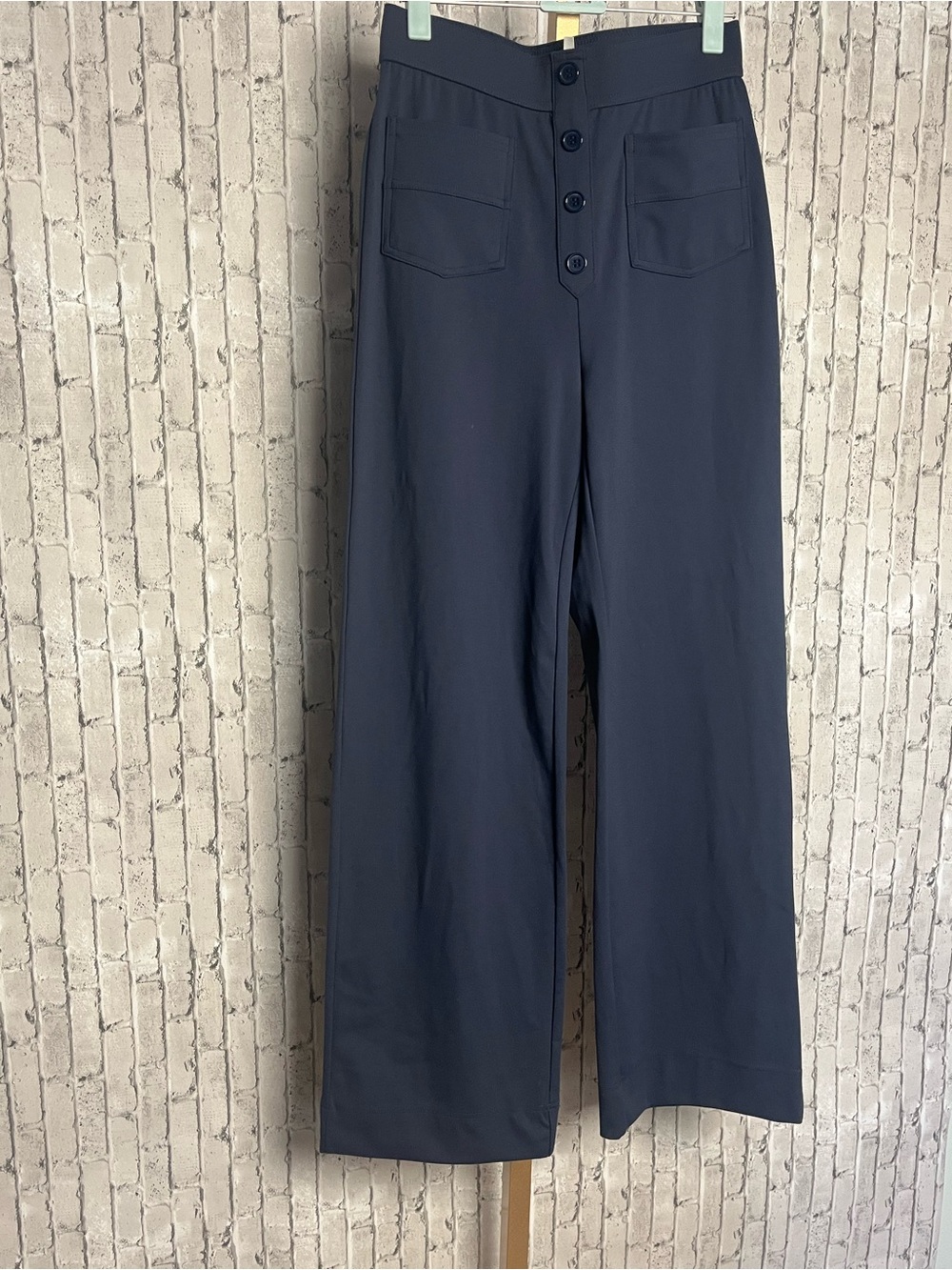 Halara HaloTek Air High Waisted Wide Leg Pants Navy Blue Button Front Small NWT